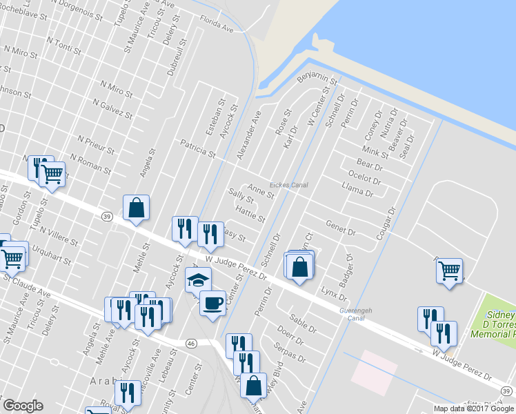 map of restaurants, bars, coffee shops, grocery stores, and more near 7218 Sally Street in Arabi