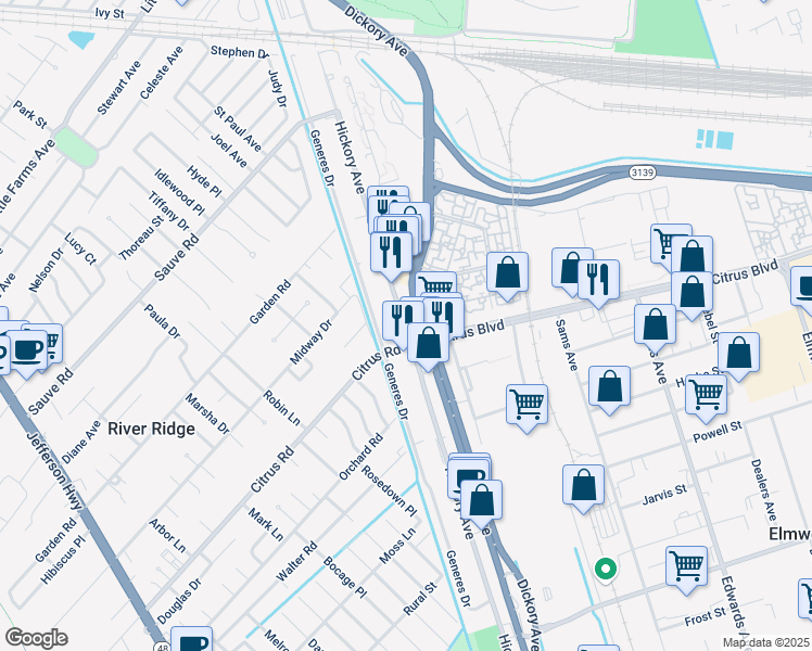 map of restaurants, bars, coffee shops, grocery stores, and more near 1725 Hickory Avenue in Harahan