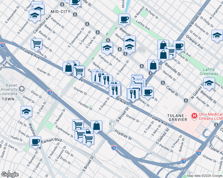 map of restaurants, bars, coffee shops, grocery stores, and more near in New Orleans