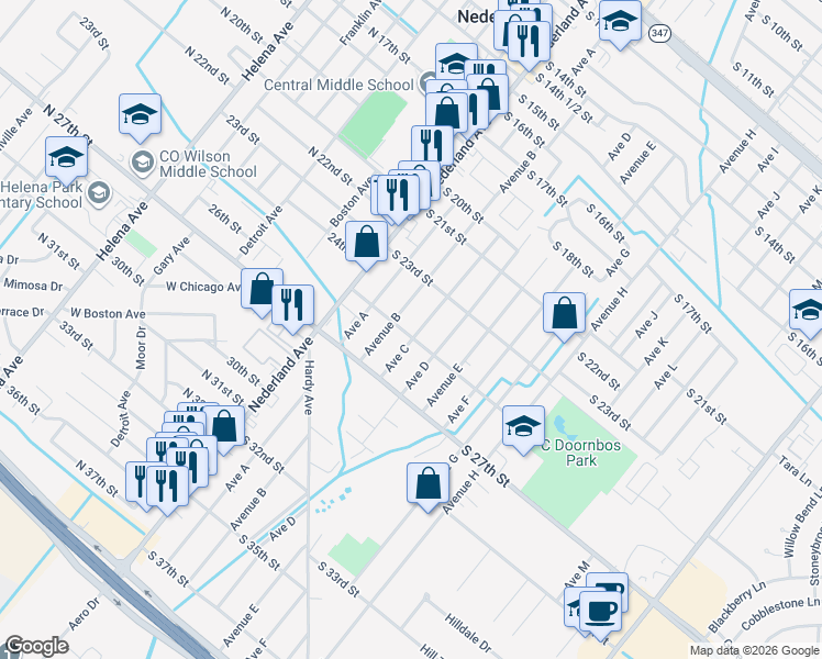 map of restaurants, bars, coffee shops, grocery stores, and more near 303 South 25th Street in Nederland