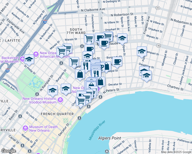 map of restaurants, bars, coffee shops, grocery stores, and more near 615 Kerlerec Street in New Orleans