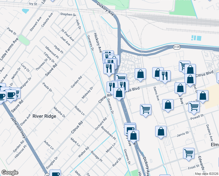 map of restaurants, bars, coffee shops, grocery stores, and more near 1725 Hickory Avenue in Harahan