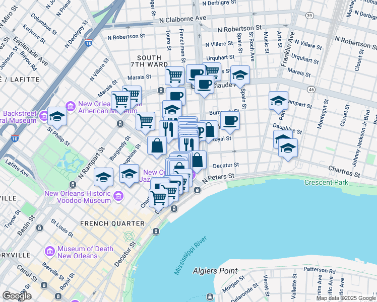 map of restaurants, bars, coffee shops, grocery stores, and more near 615 Kerlerec Street in New Orleans