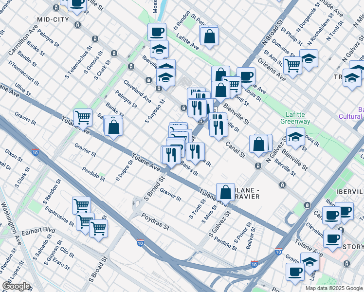 map of restaurants, bars, coffee shops, grocery stores, and more near in New Orleans