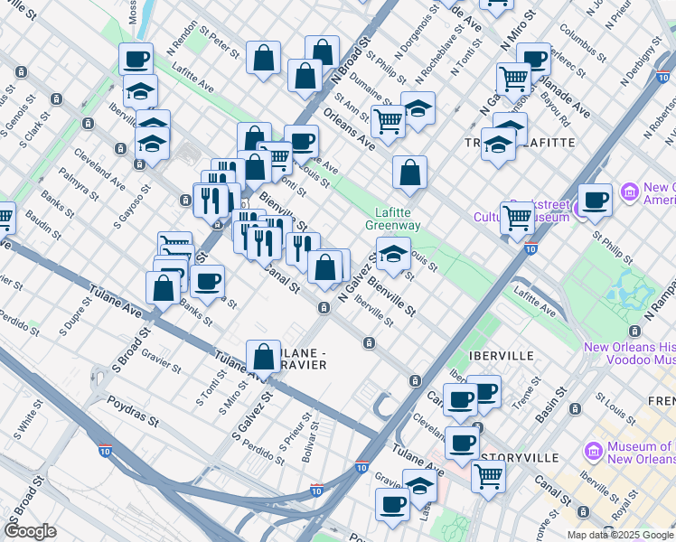 map of restaurants, bars, coffee shops, grocery stores, and more near 216 North Miro Street in New Orleans