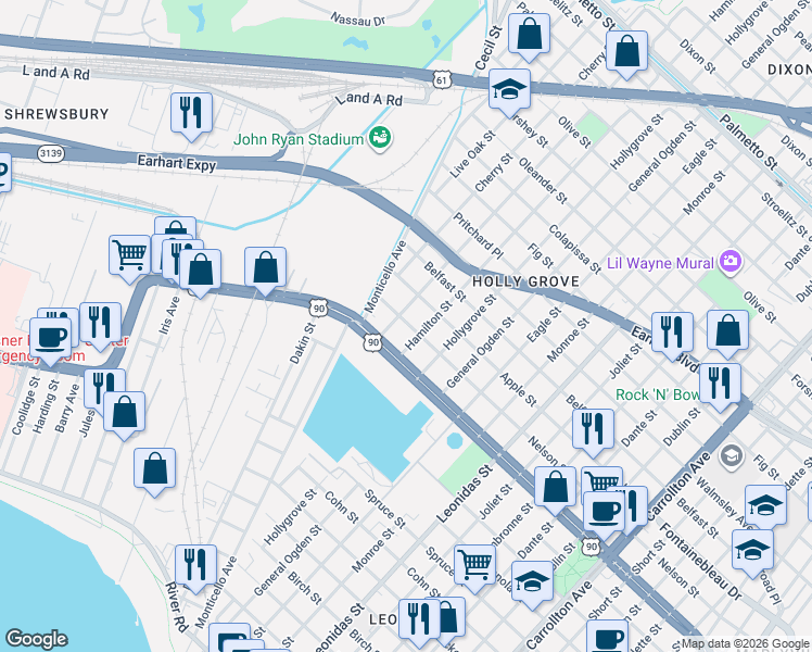 map of restaurants, bars, coffee shops, grocery stores, and more near 2432 Mistletoe Street in New Orleans