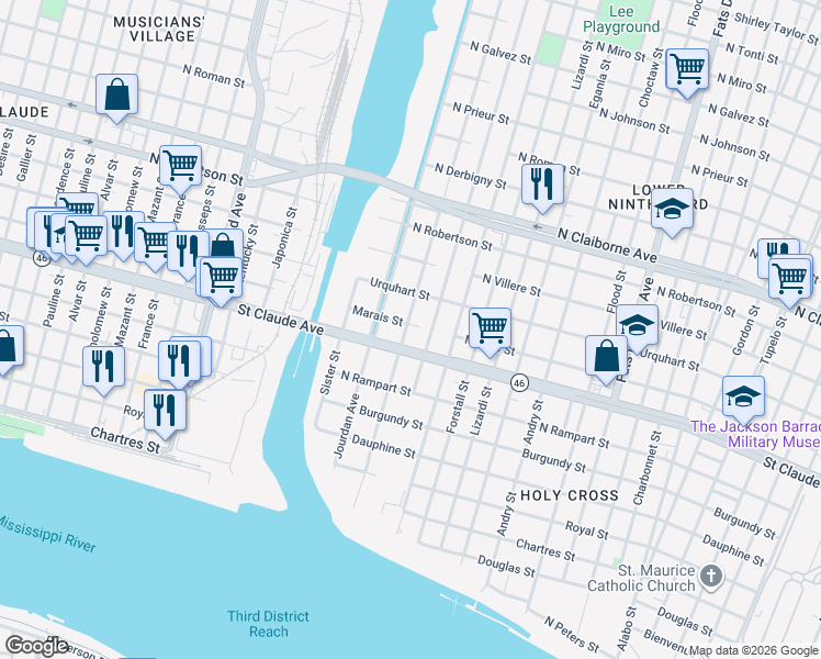 map of restaurants, bars, coffee shops, grocery stores, and more near 1144 Deslonde Street in New Orleans