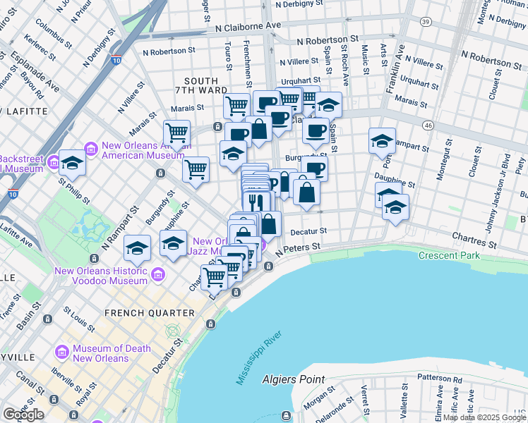 map of restaurants, bars, coffee shops, grocery stores, and more near in New Orleans