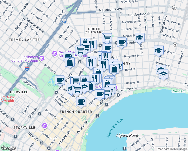 map of restaurants, bars, coffee shops, grocery stores, and more near in New Orleans