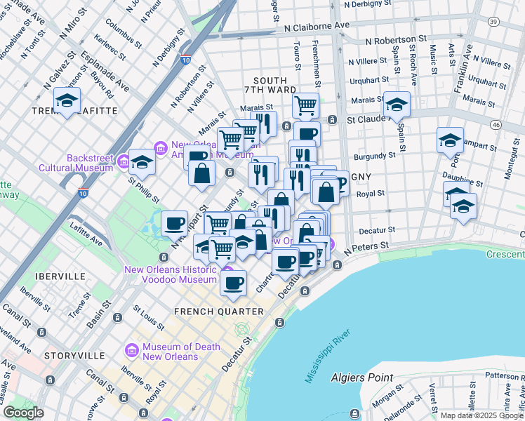 map of restaurants, bars, coffee shops, grocery stores, and more near in New Orleans