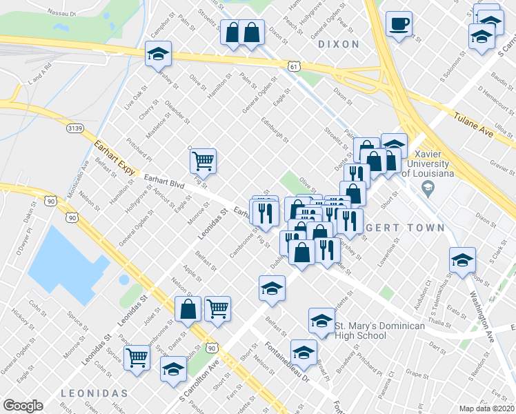map of restaurants, bars, coffee shops, grocery stores, and more near 3109 Joliet Street in New Orleans