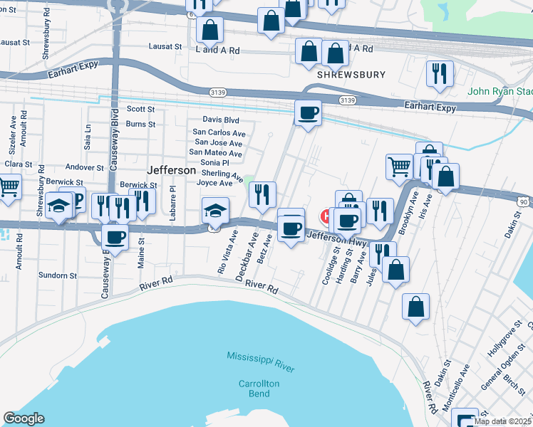 map of restaurants, bars, coffee shops, grocery stores, and more near 322 Betz Avenue in Jefferson