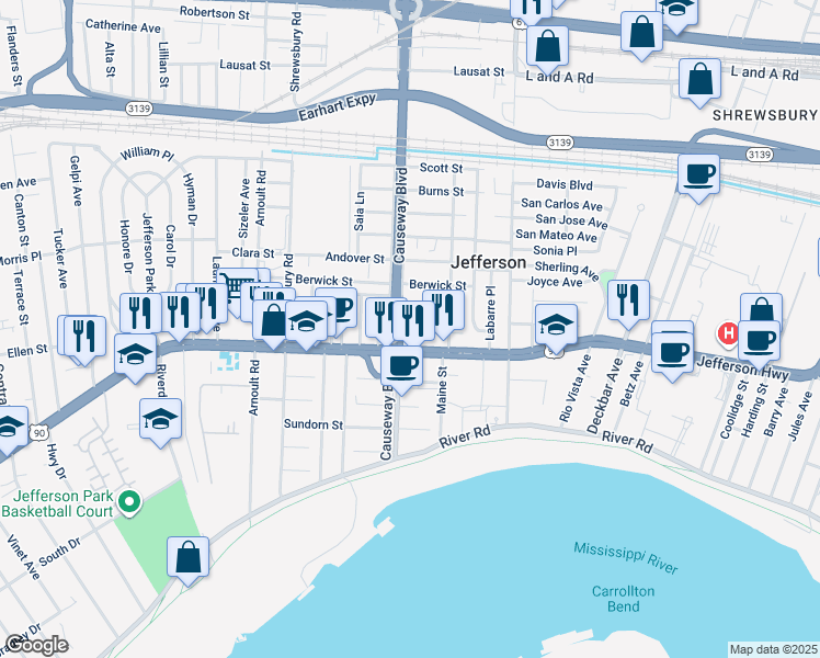 map of restaurants, bars, coffee shops, grocery stores, and more near 2917 Hawkston Street in Jefferson