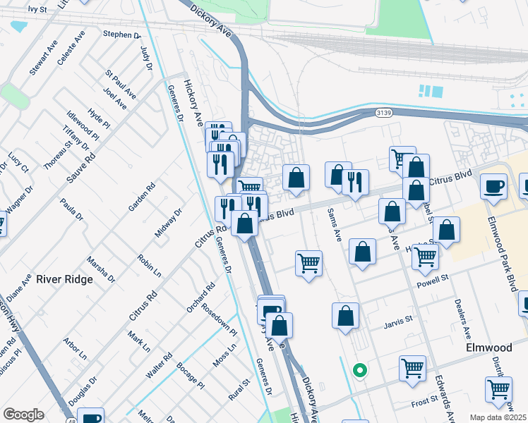 map of restaurants, bars, coffee shops, grocery stores, and more near 5861 Citrus Boulevard in Elmwood
