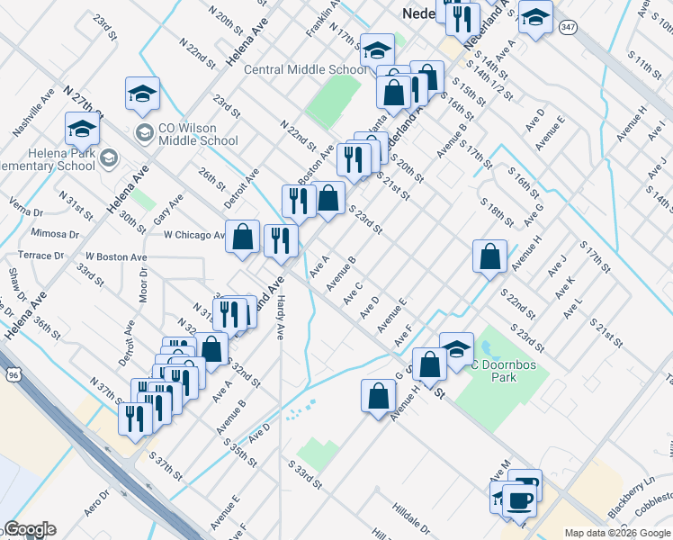 map of restaurants, bars, coffee shops, grocery stores, and more near 2603 Avenue A in Nederland