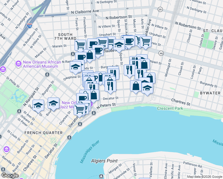 map of restaurants, bars, coffee shops, grocery stores, and more near 611 Mandeville Street in New Orleans