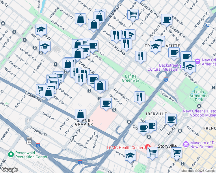 map of restaurants, bars, coffee shops, grocery stores, and more near 2210 Bienville Street in New Orleans