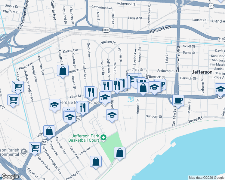 map of restaurants, bars, coffee shops, grocery stores, and more near 3815 Leila Place in Jefferson
