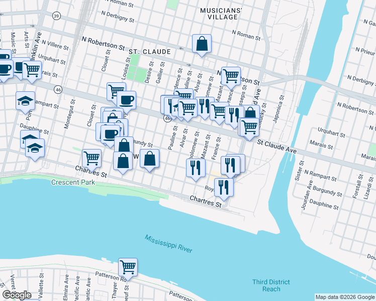 map of restaurants, bars, coffee shops, grocery stores, and more near 924 Bartholomew Street in New Orleans