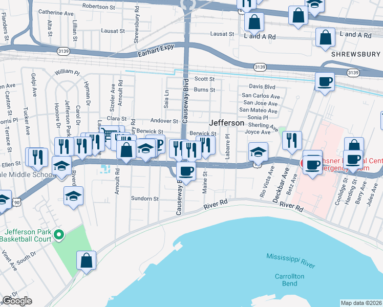 map of restaurants, bars, coffee shops, grocery stores, and more near 2909 Hawkston Street in Jefferson