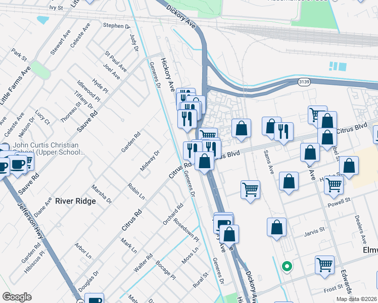 map of restaurants, bars, coffee shops, grocery stores, and more near 1736 Hickory Avenue in New Orleans
