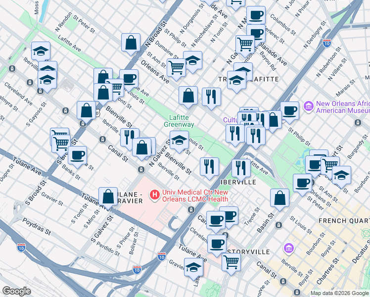 map of restaurants, bars, coffee shops, grocery stores, and more near 433 North Prieur Street in New Orleans