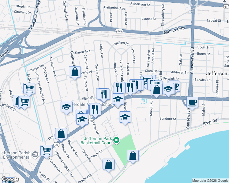 map of restaurants, bars, coffee shops, grocery stores, and more near 520 Julius Avenue in Jefferson
