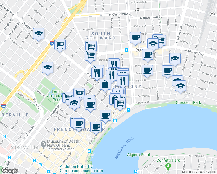 map of restaurants, bars, coffee shops, grocery stores, and more near 713 Esplanade Avenue in New Orleans