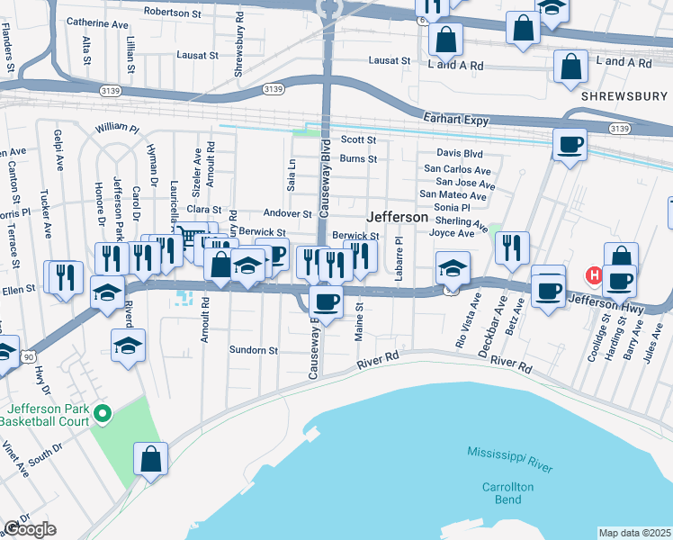 map of restaurants, bars, coffee shops, grocery stores, and more near 2917 Hawkston Street in Jefferson