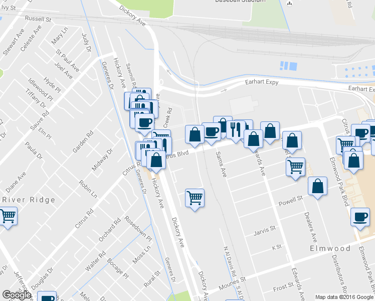 map of restaurants, bars, coffee shops, grocery stores, and more near 5817 Citrus Boulevard in New Orleans