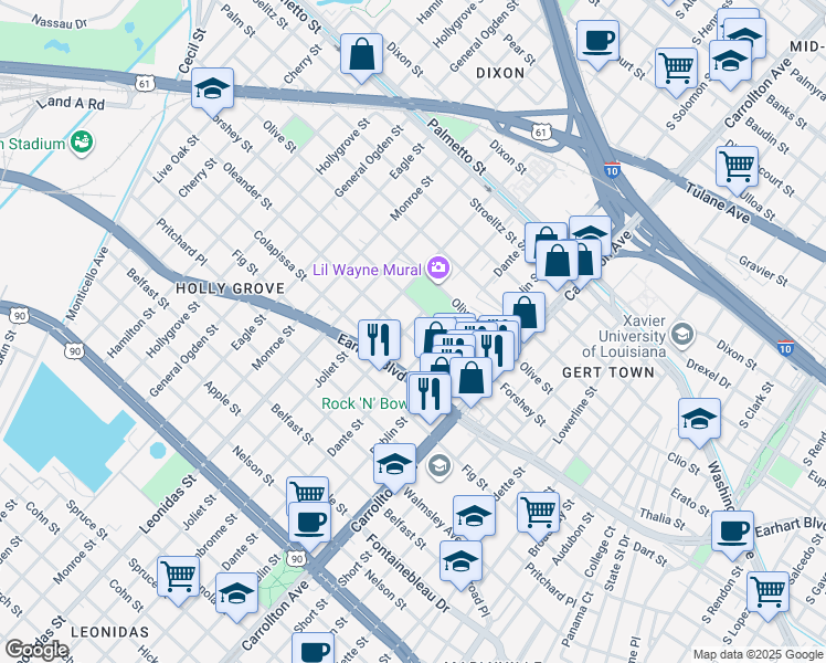 map of restaurants, bars, coffee shops, grocery stores, and more near 8403 Oleander Street in New Orleans