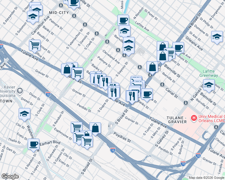 map of restaurants, bars, coffee shops, grocery stores, and more near 2919 Baudin Street in New Orleans