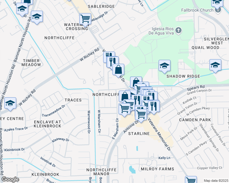 map of restaurants, bars, coffee shops, grocery stores, and more near 3539 Spears Road in Houston