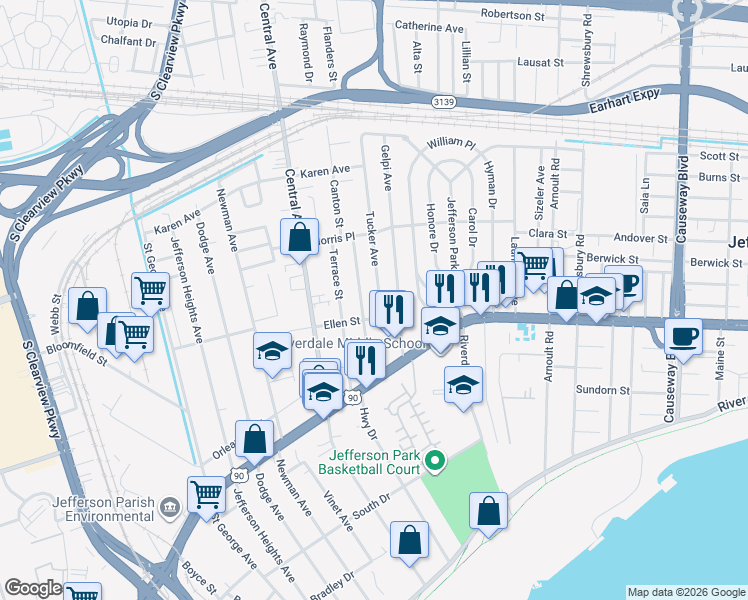 map of restaurants, bars, coffee shops, grocery stores, and more near 535 Tucker Avenue in Jefferson