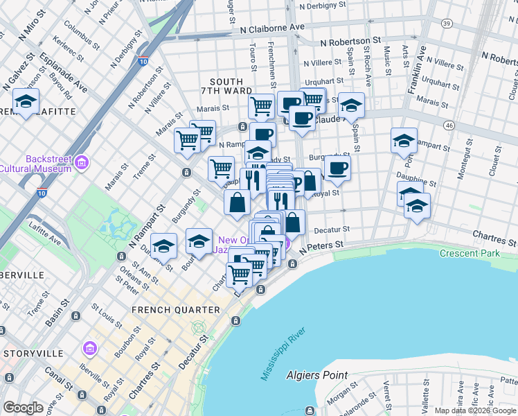 map of restaurants, bars, coffee shops, grocery stores, and more near 615 Kerlerec Street in New Orleans