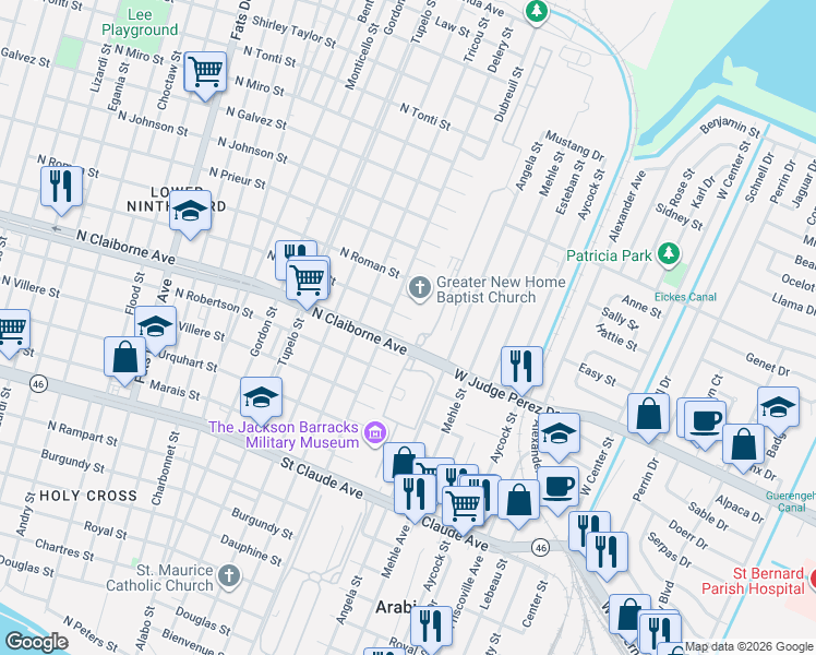map of restaurants, bars, coffee shops, grocery stores, and more near 6434 North Derbigny Street in New Orleans