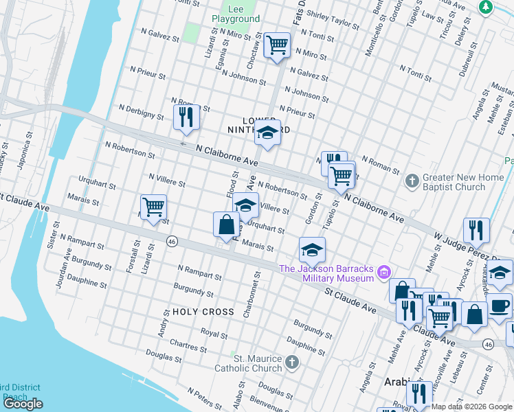 map of restaurants, bars, coffee shops, grocery stores, and more near 5701 North Villere Street in New Orleans