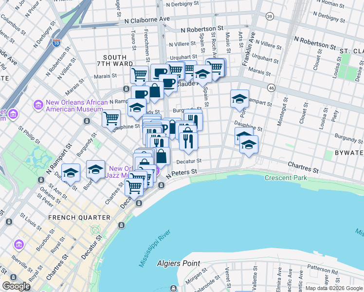map of restaurants, bars, coffee shops, grocery stores, and more near 610 Marigny Street in New Orleans