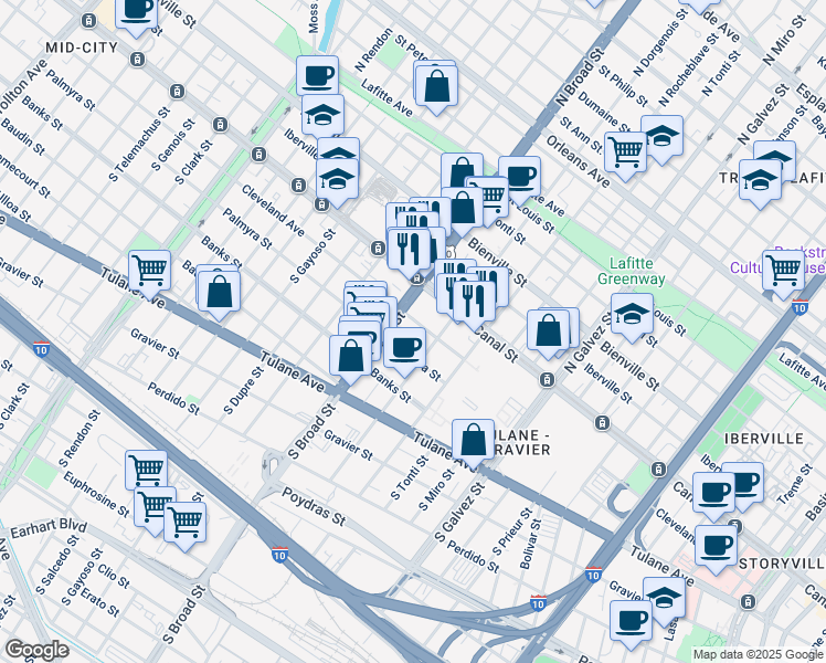 map of restaurants, bars, coffee shops, grocery stores, and more near 2609 Cleveland Avenue in New Orleans