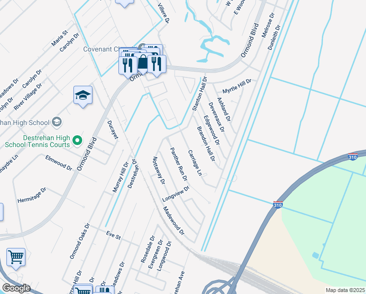 map of restaurants, bars, coffee shops, grocery stores, and more near 48 Carriage Lane in Destrehan