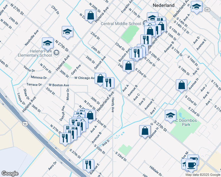 map of restaurants, bars, coffee shops, grocery stores, and more near 2724 Nederland Ave in Nederland
