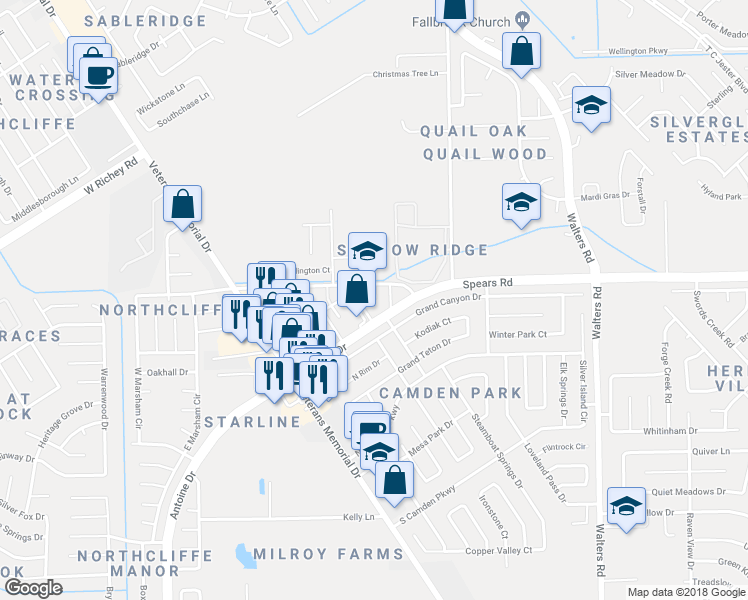 map of restaurants, bars, coffee shops, grocery stores, and more near 12411 Antoine Drive in Houston