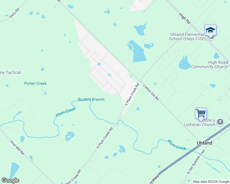 map of restaurants, bars, coffee shops, grocery stores, and more near 23 South Plum Creek Road in Uhland