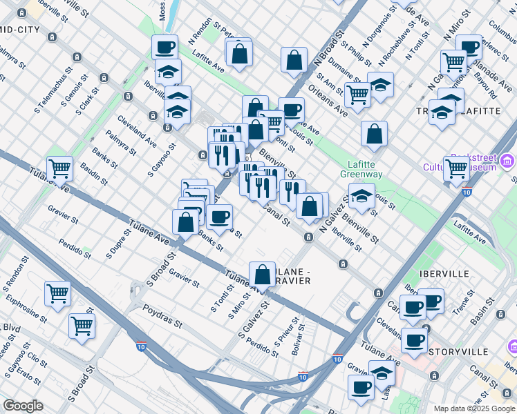 map of restaurants, bars, coffee shops, grocery stores, and more near 2518 Canal Street in New Orleans