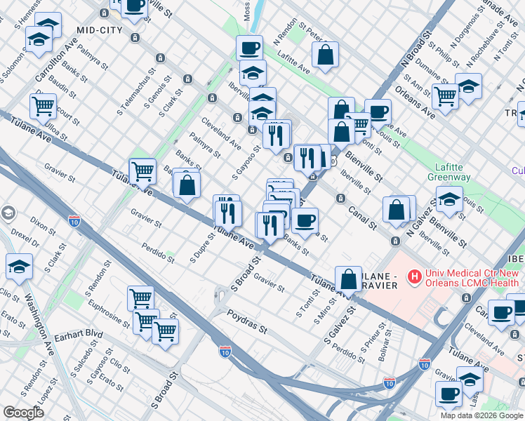 map of restaurants, bars, coffee shops, grocery stores, and more near 2751 Banks Street in New Orleans