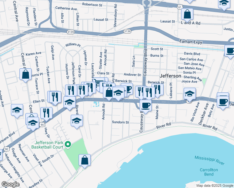 map of restaurants, bars, coffee shops, grocery stores, and more near 120 Rencopas Court in Jefferson