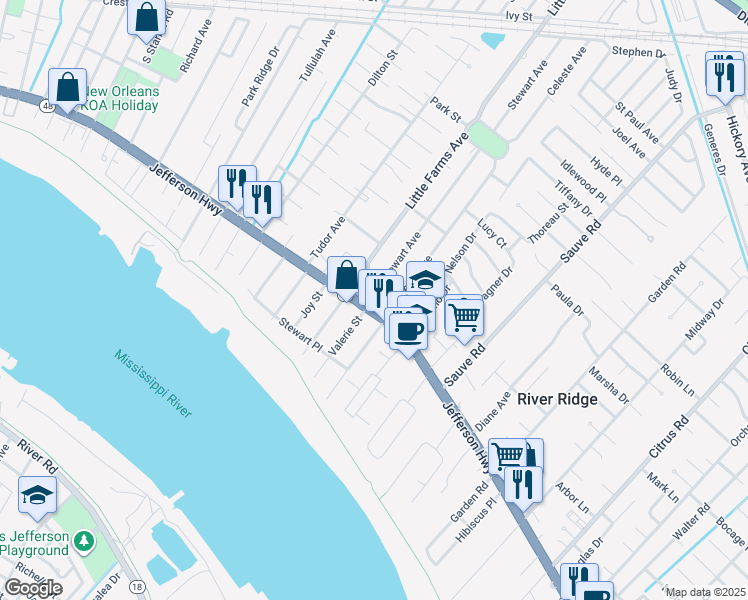 map of restaurants, bars, coffee shops, grocery stores, and more near 101 Little Farms Avenue in River Ridge