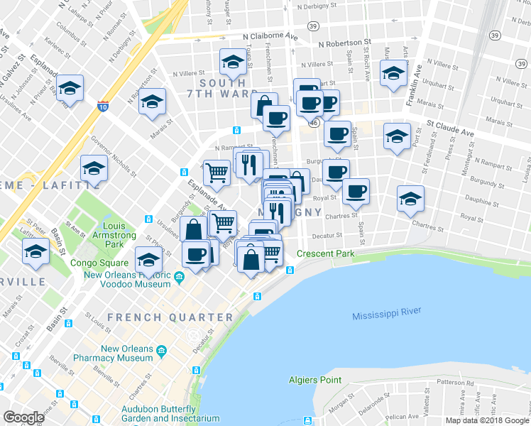 map of restaurants, bars, coffee shops, grocery stores, and more near 615 Kerlerec Street in New Orleans