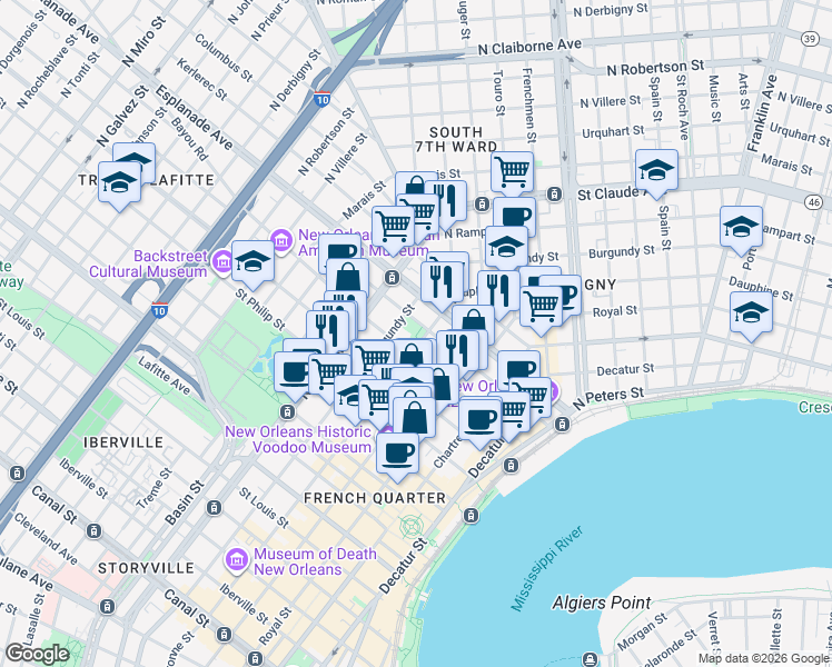 map of restaurants, bars, coffee shops, grocery stores, and more near 1219 Dauphine Street in New Orleans