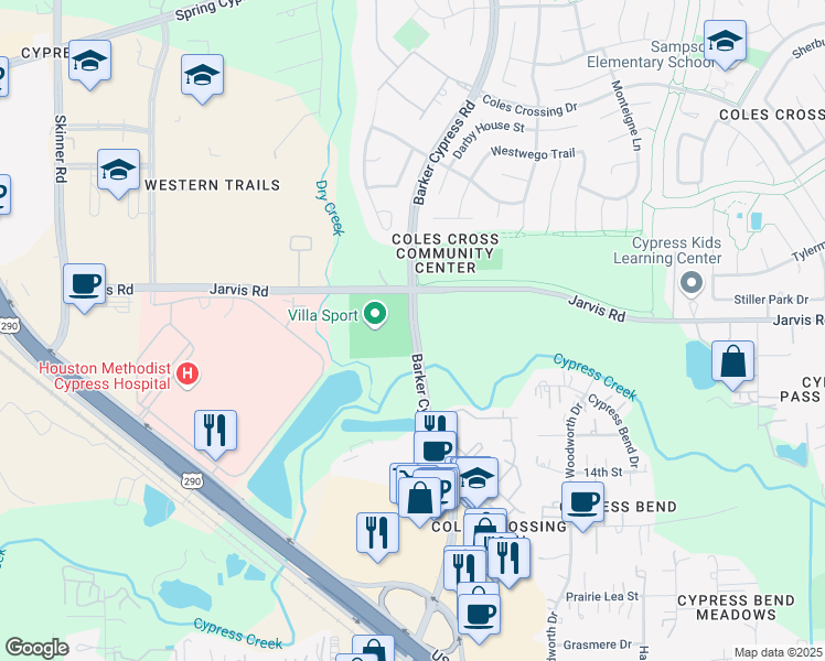 map of restaurants, bars, coffee shops, grocery stores, and more near Barker Cypress Road in Cypress